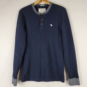 Abercrombie & Fitch Henley Mens Small Waffle Knit Navy Blue Thermal Shirt Moose